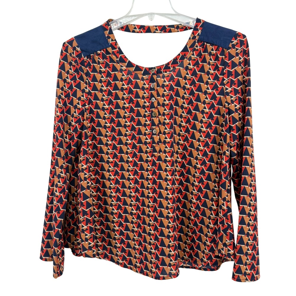 Miss Me Geometric Triangle Print Long Sleeve V Back Blouse Top Womens Medium